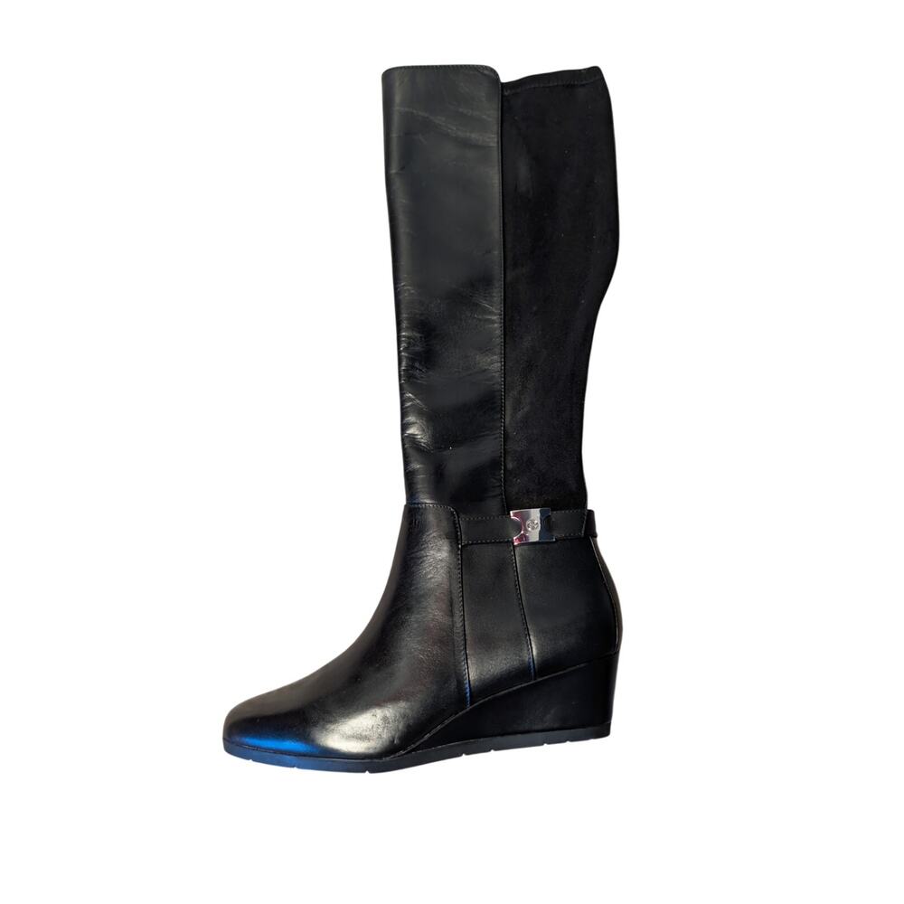 Giani Bernini Catrinaa Women's Black Leather Knee High Wedge Boots Size 8.5M